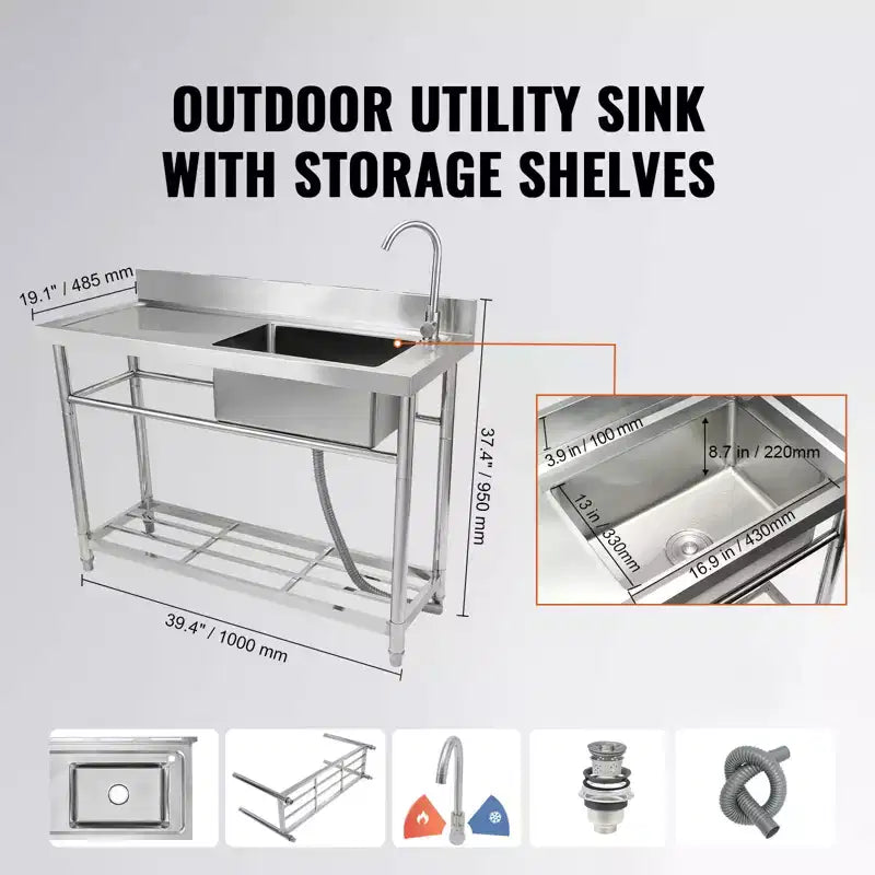 Stainless Steel Utility Sink, Free Standing Single Bowl with Workbench, 39.4x19.1x37.4"
