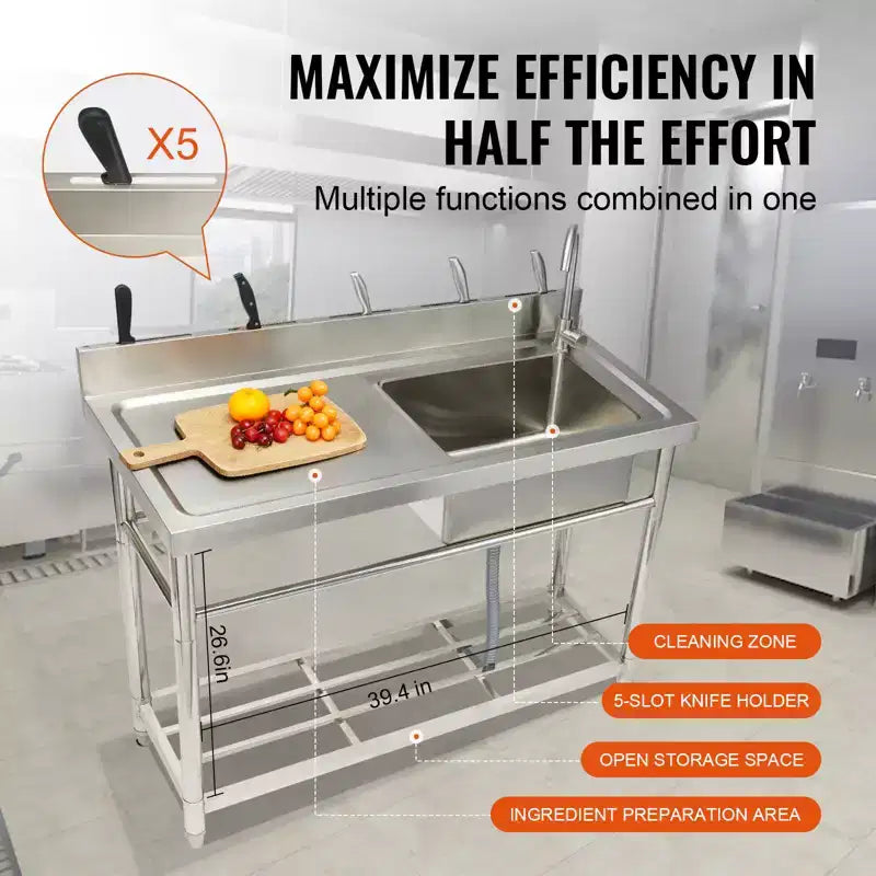 Stainless Steel Utility Sink, Free Standing Single Bowl with Workbench, 39.4x19.1x37.4"