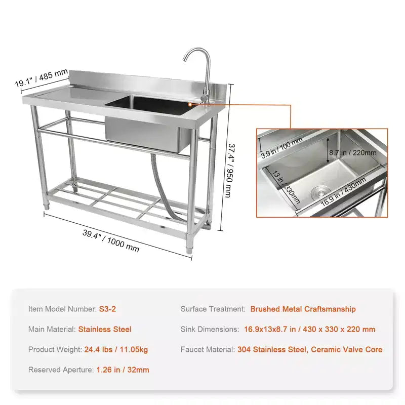 Stainless Steel Utility Sink, Free Standing Single Bowl with Workbench, 39.4x19.1x37.4"