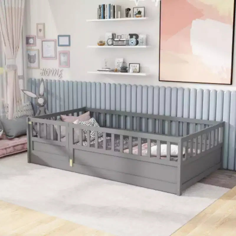 Single-Person Low-Profile Floor Bed with High Security Barrier, Pine Wood