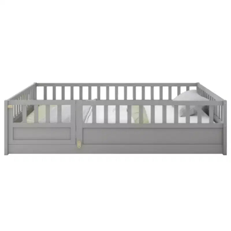 Single-Person Low-Profile Floor Bed with High Security Barrier, Pine Wood