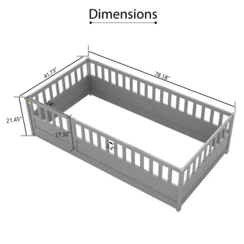 Single-Person Low-Profile Floor Bed with High Security Barrier, Pine Wood