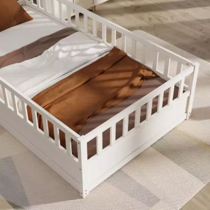 Single-Person Low-Profile Floor Bed with High Security Barrier, Pine Wood