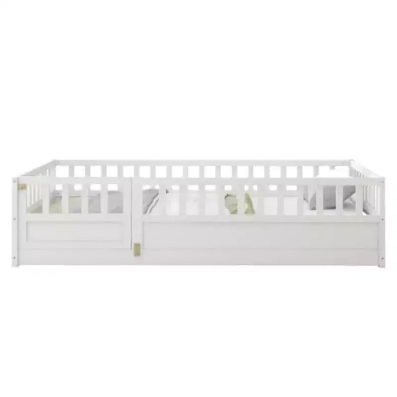 Single-Person Low-Profile Floor Bed with High Security Barrier, Pine Wood