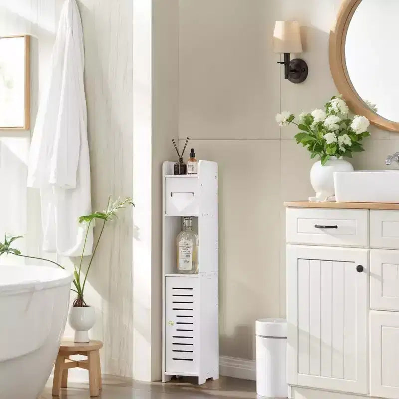 Bathroom Corner Shelf Storage, Waterproof Corner Cabinet with Toilet Paper Roll, White