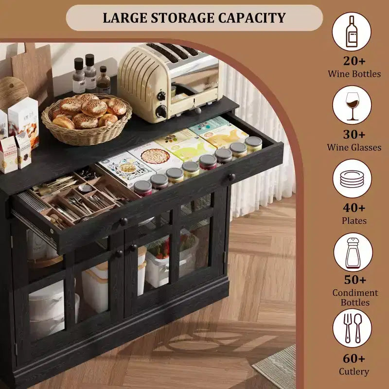 35.4" Sideboard Buffet Cabinet with Glass Door, Drawer, and Adjustable Shelves, White