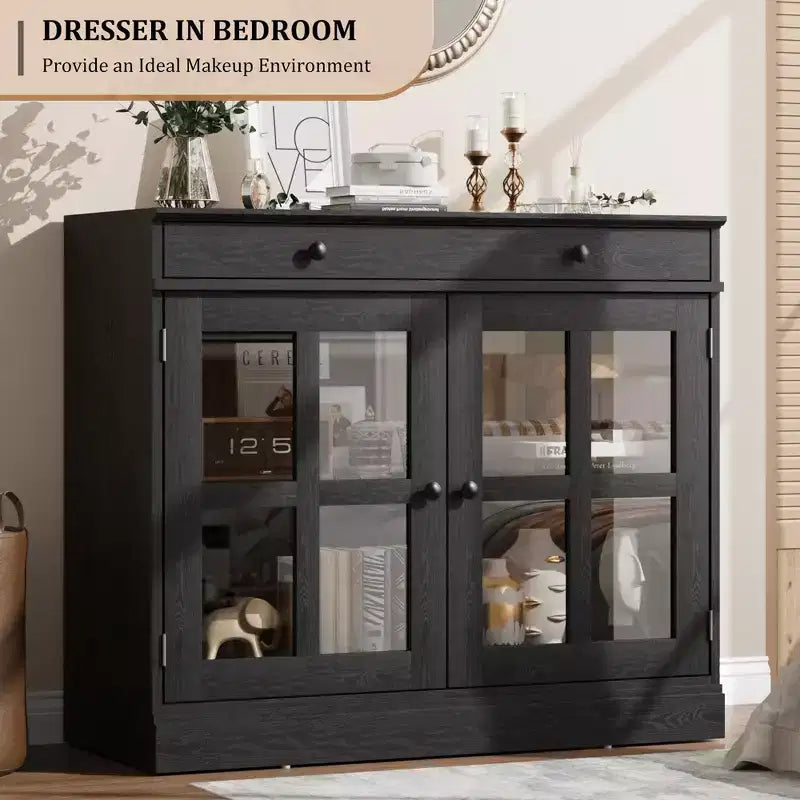 35.4" Sideboard Buffet Cabinet with Glass Door, Drawer, and Adjustable Shelves, White