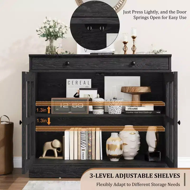 35.4" Sideboard Buffet Cabinet with Glass Door, Drawer, and Adjustable Shelves, White