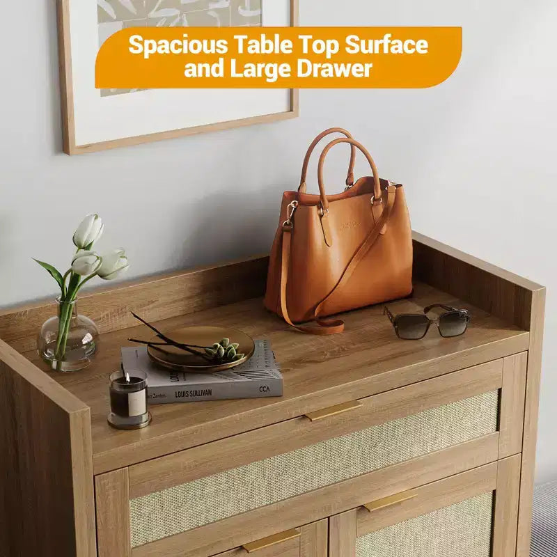 Shoe Cabinet, Wooden Storage Cabinet with Doors and Drawer, Rattan Buffet Sideboard with Adjustable Shelf