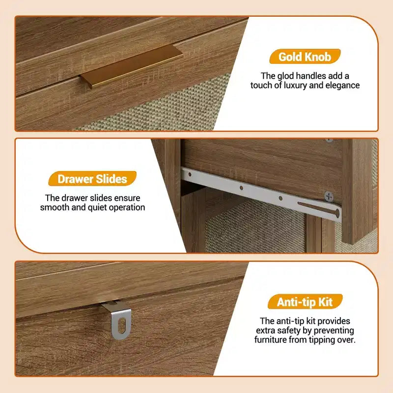Shoe Cabinet, Wooden Storage Cabinet with Doors and Drawer, Rattan Buffet Sideboard with Adjustable Shelf