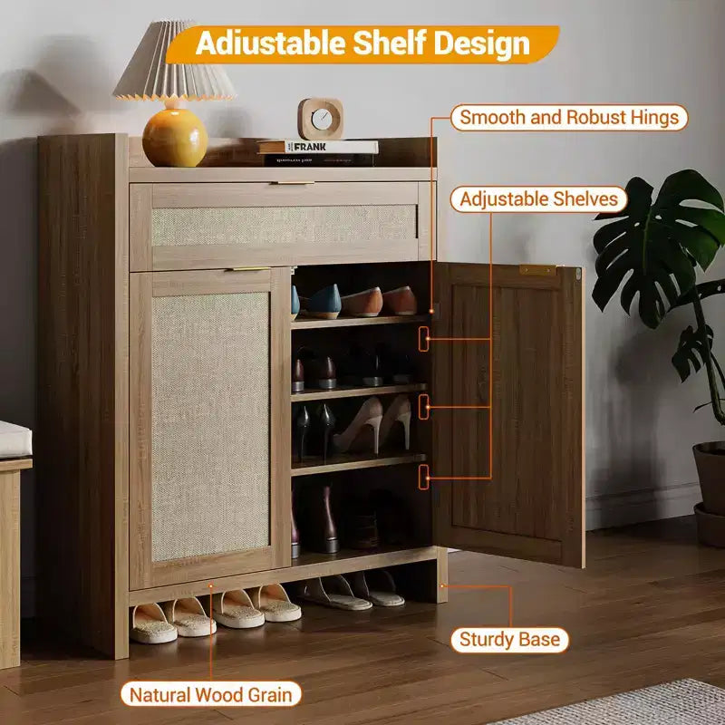 Shoe Cabinet, Wooden Storage Cabinet with Doors and Drawer, Rattan Buffet Sideboard with Adjustable Shelf