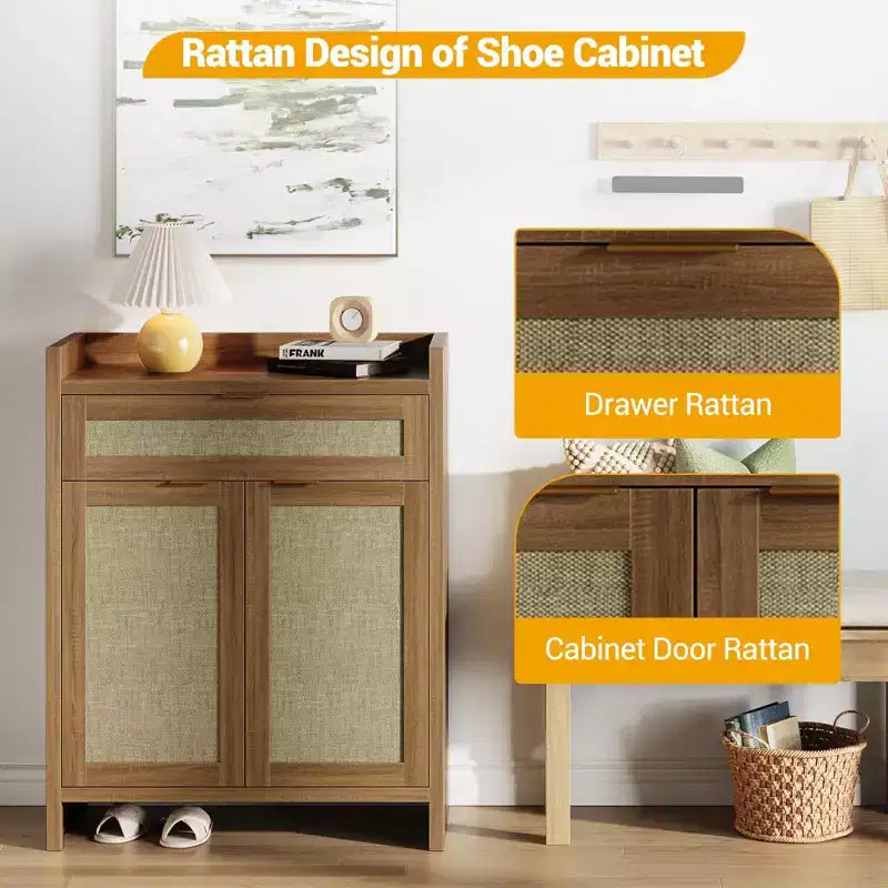 Shoe Cabinet, Wooden Storage Cabinet with Doors and Drawer, Rattan Buffet Sideboard with Adjustable Shelf