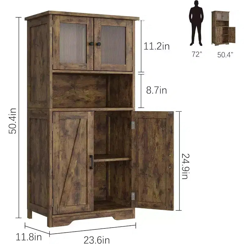 54" Farmhouse Cabinet with Glass Doors, Adjustable Shelves & Anti-Tip Hardware, Rustic Brown