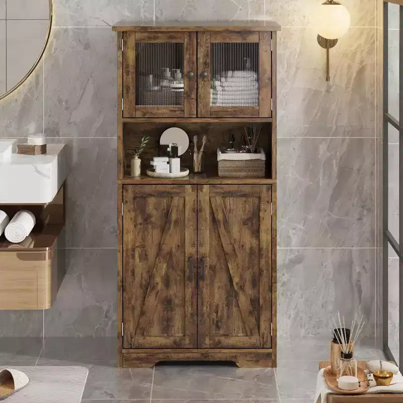 54" Farmhouse Cabinet with Glass Doors, Adjustable Shelves & Anti-Tip Hardware, Rustic Brown