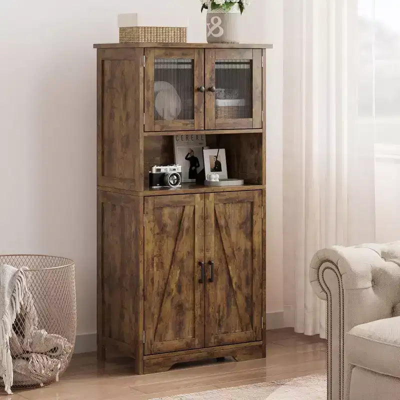54" Farmhouse Cabinet with Glass Doors, Adjustable Shelves & Anti-Tip Hardware, Rustic Brown