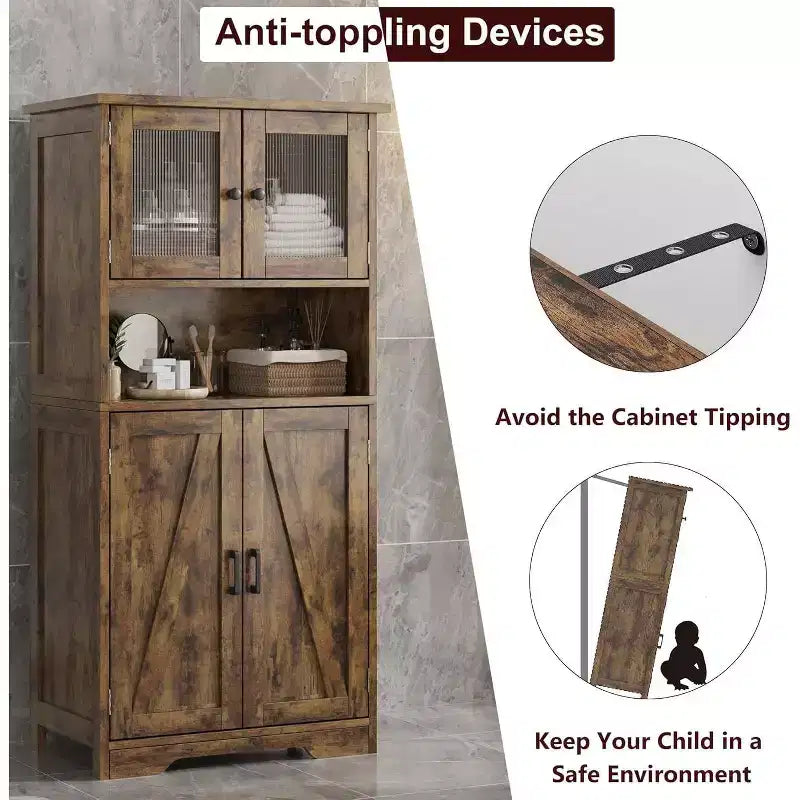 54" Farmhouse Cabinet with Glass Doors, Adjustable Shelves & Anti-Tip Hardware, Rustic Brown