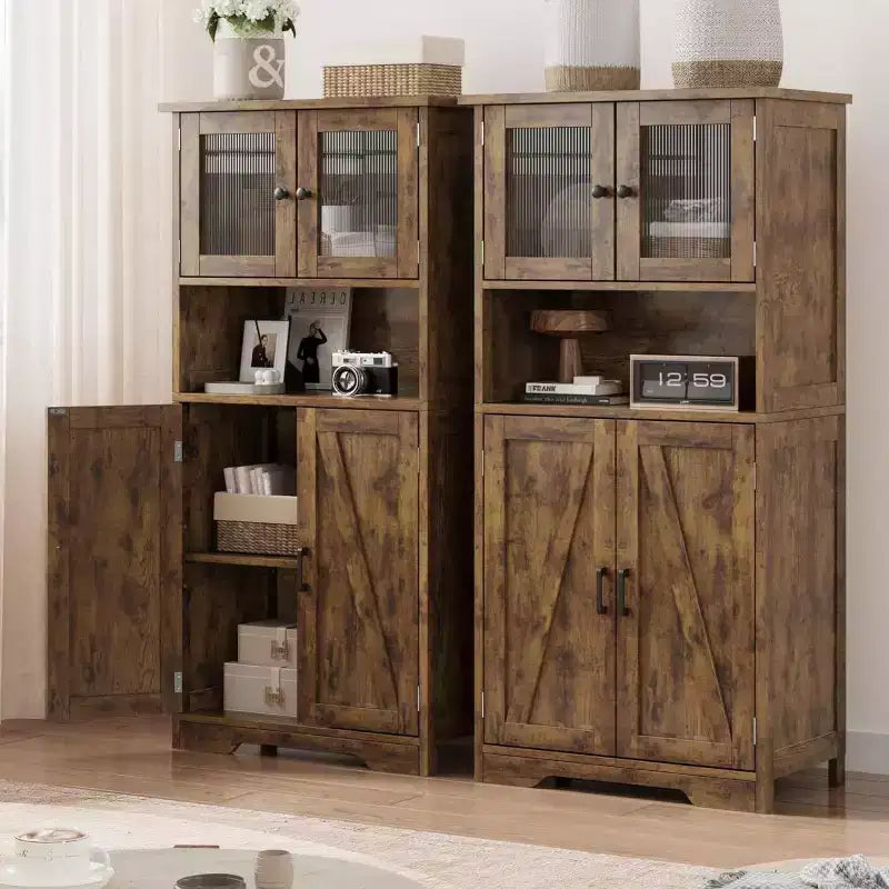 54" Farmhouse Cabinet with Glass Doors, Adjustable Shelves & Anti-Tip Hardware, Rustic Brown