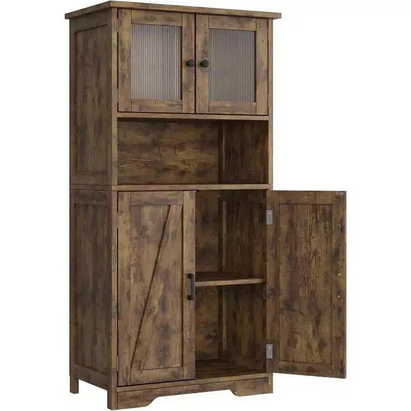 54" Farmhouse Cabinet with Glass Doors, Adjustable Shelves & Anti-Tip Hardware, Rustic Brown
