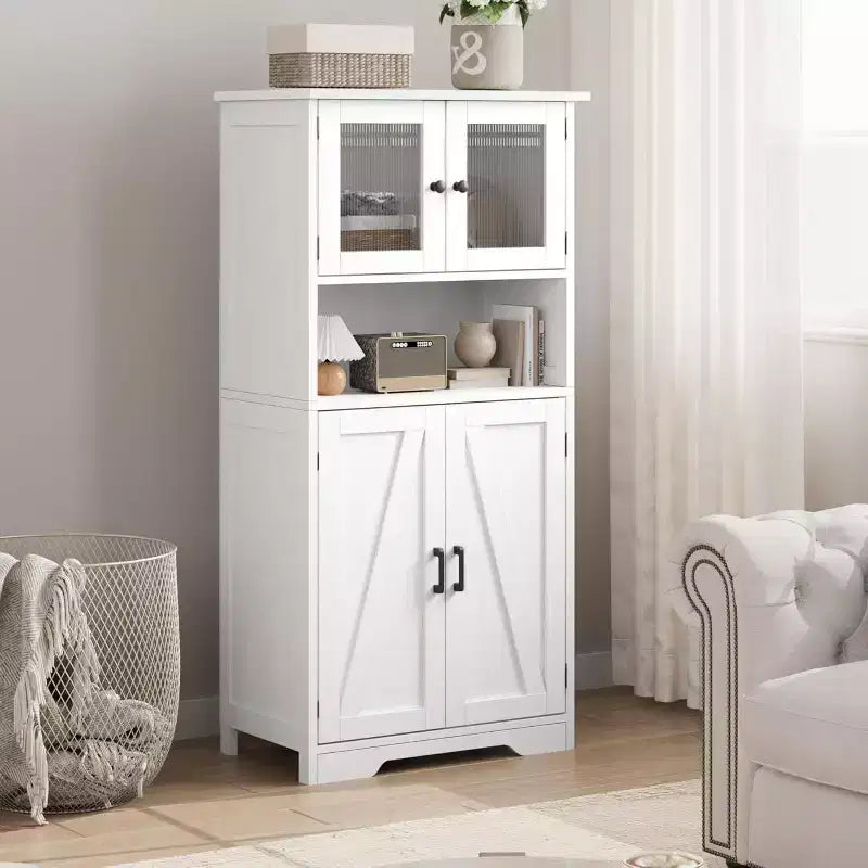54" Farmhouse Cabinet with Glass Doors, Adjustable Shelves & Anti-Tip Hardware, Rustic Brown