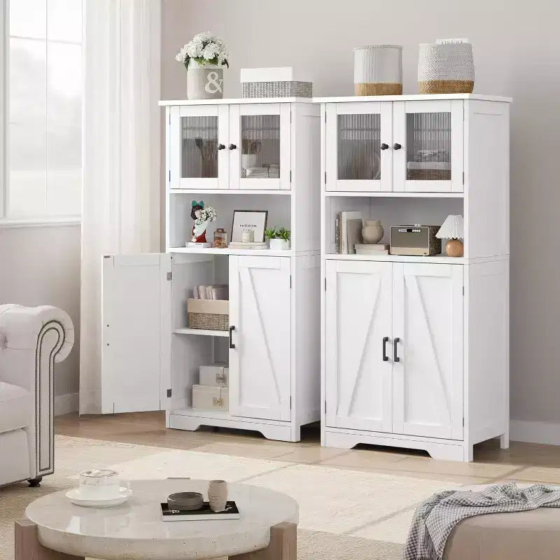 54" Farmhouse Cabinet with Glass Doors, Adjustable Shelves & Anti-Tip Hardware, Rustic Brown