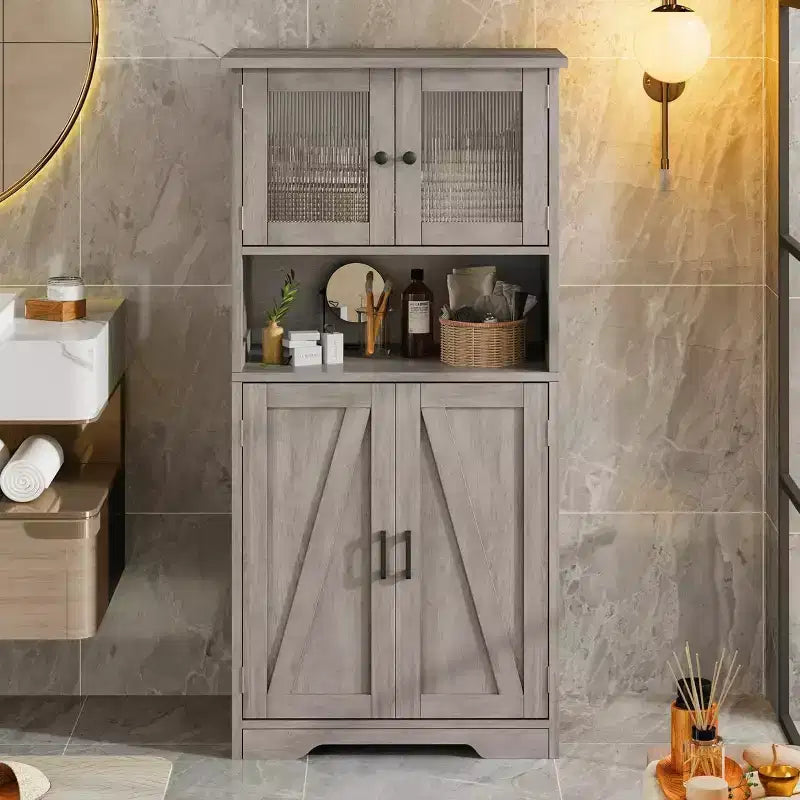 54" Farmhouse Cabinet with Glass Doors, Adjustable Shelves & Anti-Tip Hardware, Rustic Brown