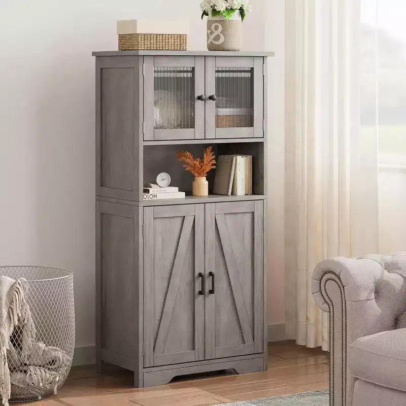 54" Farmhouse Cabinet with Glass Doors, Adjustable Shelves & Anti-Tip Hardware, Rustic Brown