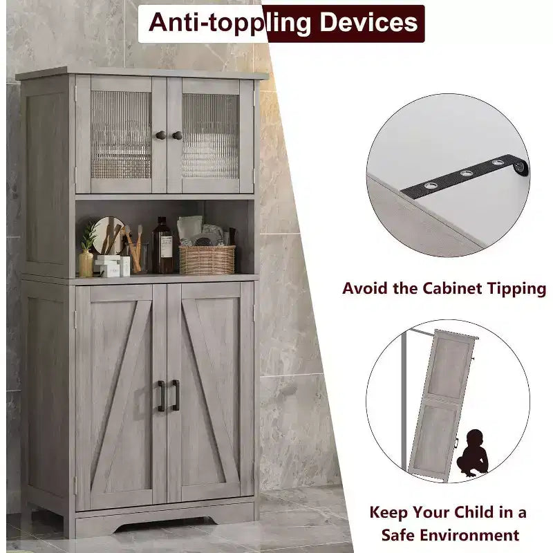 54" Farmhouse Cabinet with Glass Doors, Adjustable Shelves & Anti-Tip Hardware, Rustic Brown