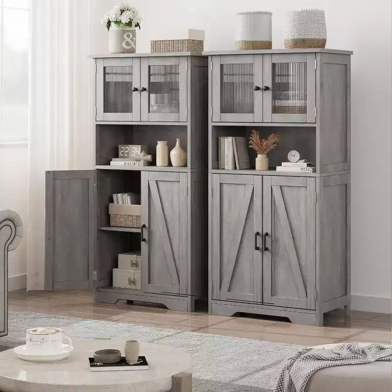 54" Farmhouse Cabinet with Glass Doors, Adjustable Shelves & Anti-Tip Hardware, Rustic Brown