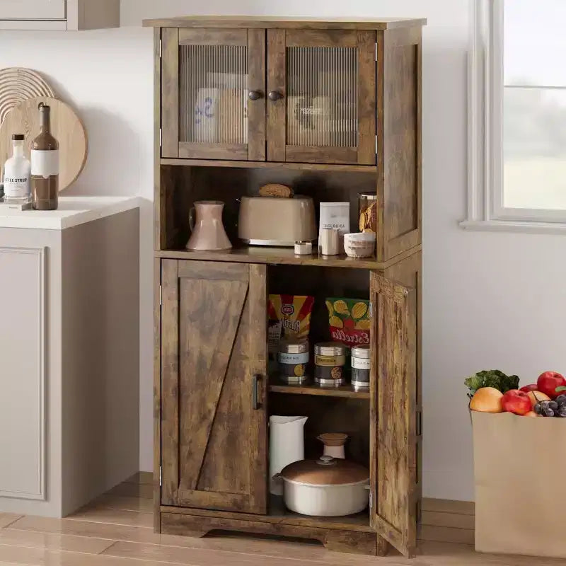 54" Farmhouse Cabinet with Glass Doors, Adjustable Shelves & Anti-Tip Hardware, Rustic Brown
