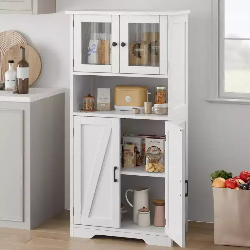 54" Farmhouse Cabinet with Glass Doors, Adjustable Shelves & Anti-Tip Hardware, Rustic Brown