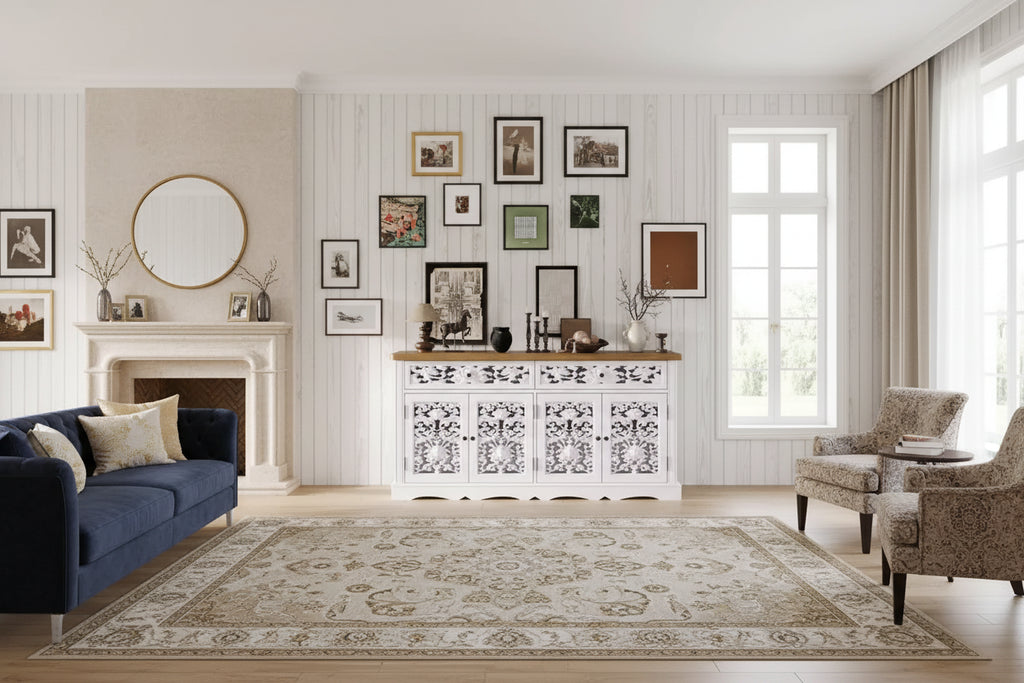 White Decorative Sideboard with Hollow Relief Patterned Doors, 2 Drawers & 4 Doors, 62.8"