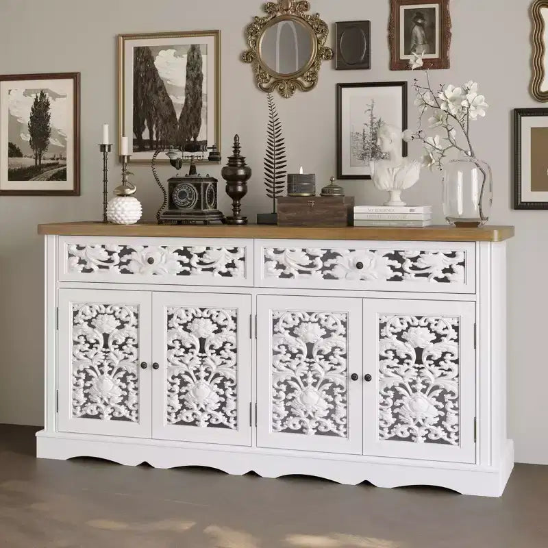White Decorative Sideboard with Hollow Relief Patterned Doors, 2 Drawers & 4 Doors, 62.8"