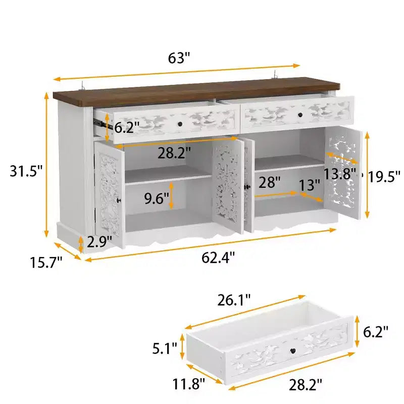 White Decorative Sideboard with Hollow Relief Patterned Doors, 2 Drawers & 4 Doors, 62.8"