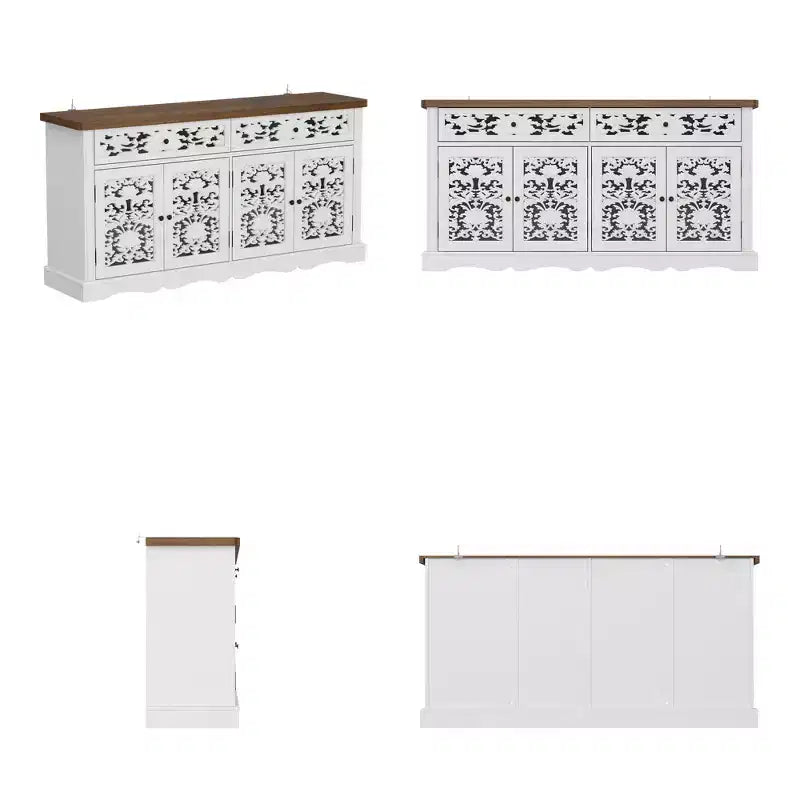 White Decorative Sideboard with Hollow Relief Patterned Doors, 2 Drawers & 4 Doors, 62.8"