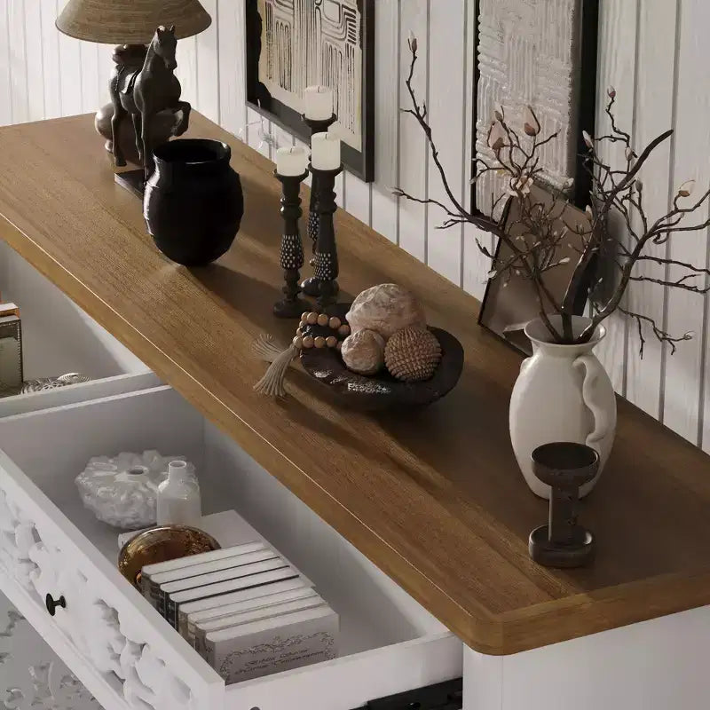 White Decorative Sideboard with Hollow Relief Patterned Doors, 2 Drawers & 4 Doors, 62.8"