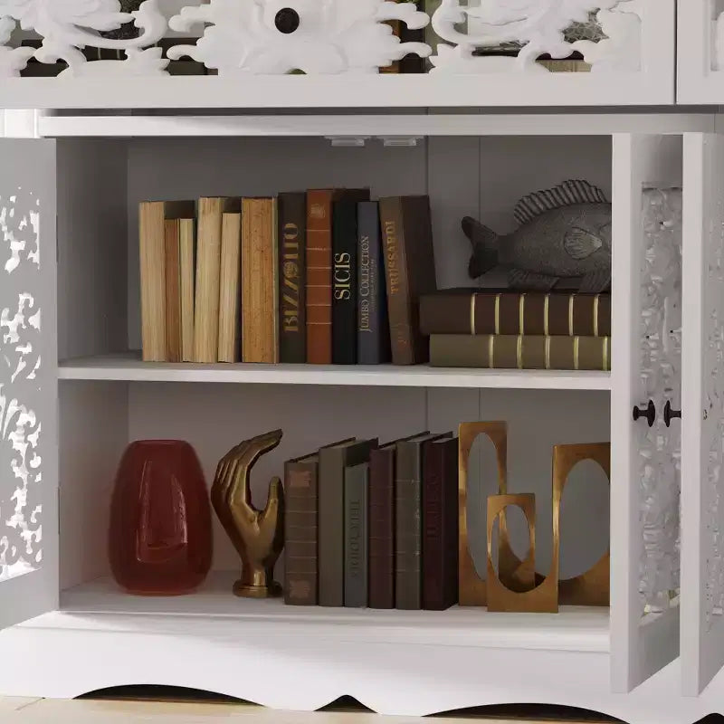 White Decorative Sideboard with Hollow Relief Patterned Doors, 2 Drawers & 4 Doors, 62.8"