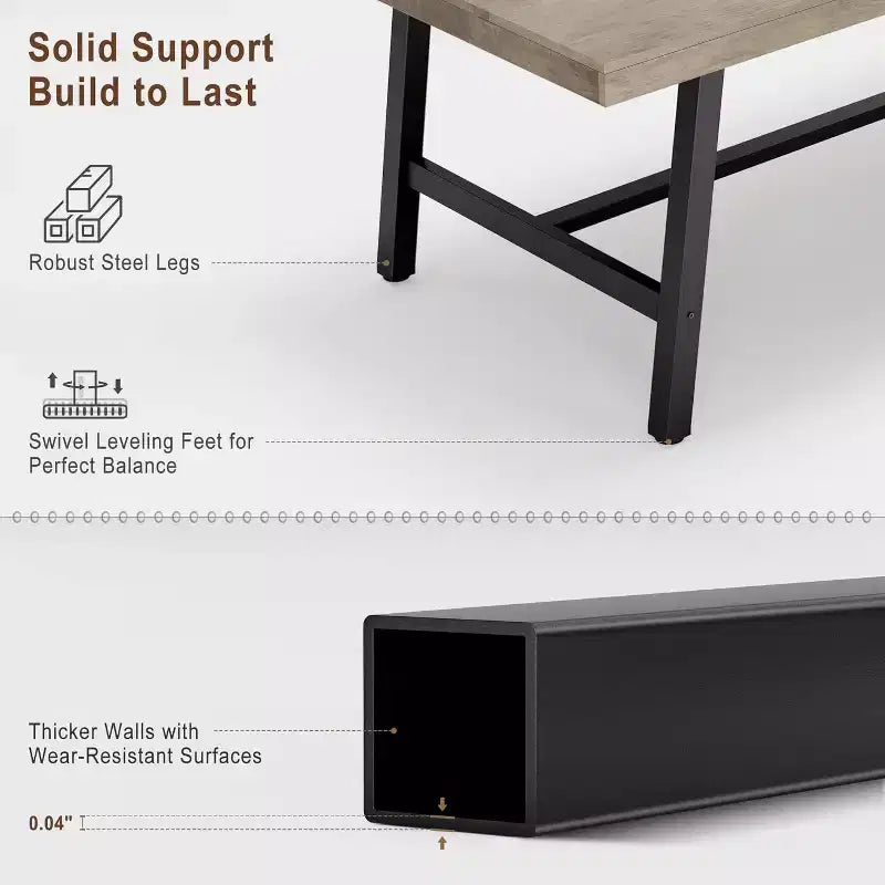 Rustic Wood Dining Table for 6-8 People, Black Metal Legs, Industrial Rectangle, 70.87"