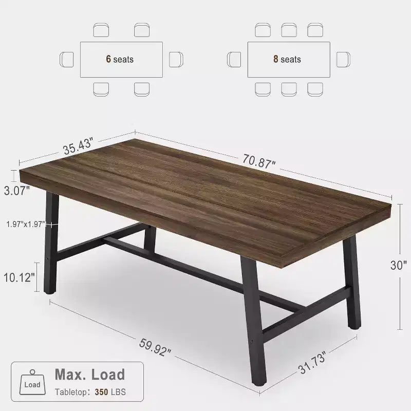 Rustic Wood Dining Table for 6-8 People, Black Metal Legs, Industrial Rectangle, 70.87"