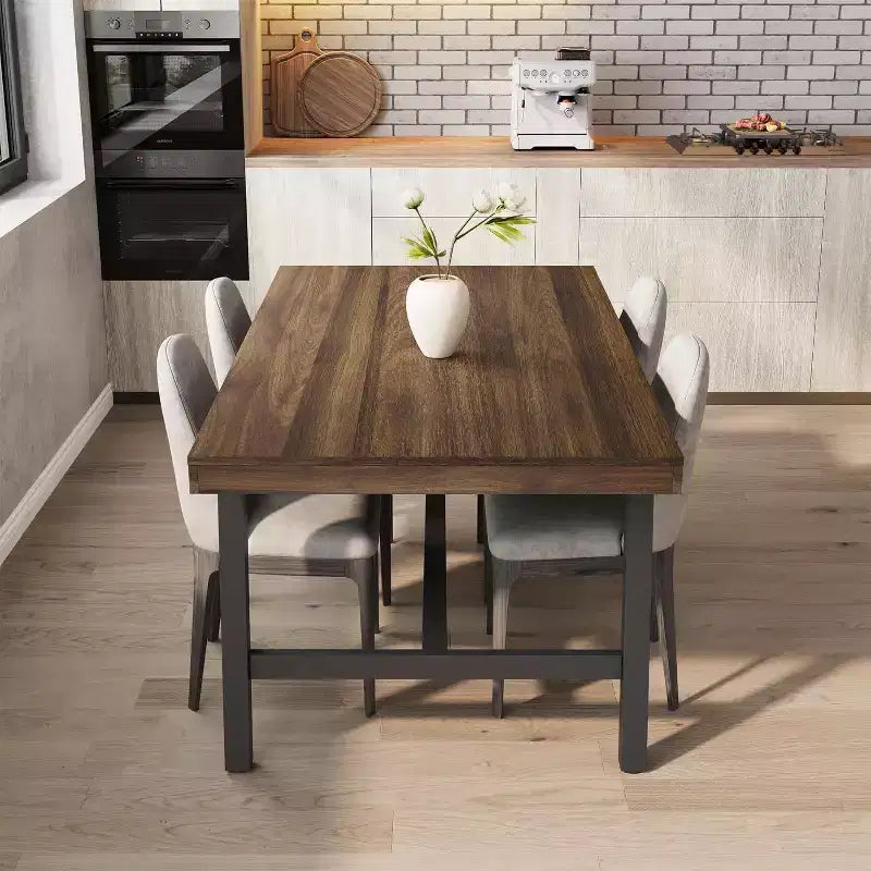 Rustic Wood Dining Table for 6-8 People, Black Metal Legs, Industrial Rectangle, 70.87"