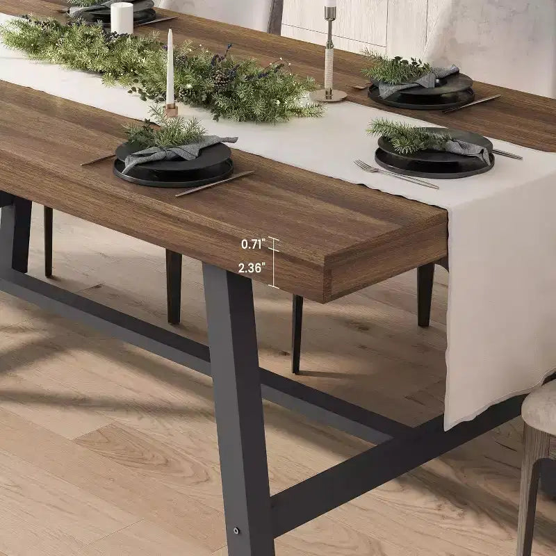 Rustic Wood Dining Table for 6-8 People, Black Metal Legs, Industrial Rectangle, 70.87"