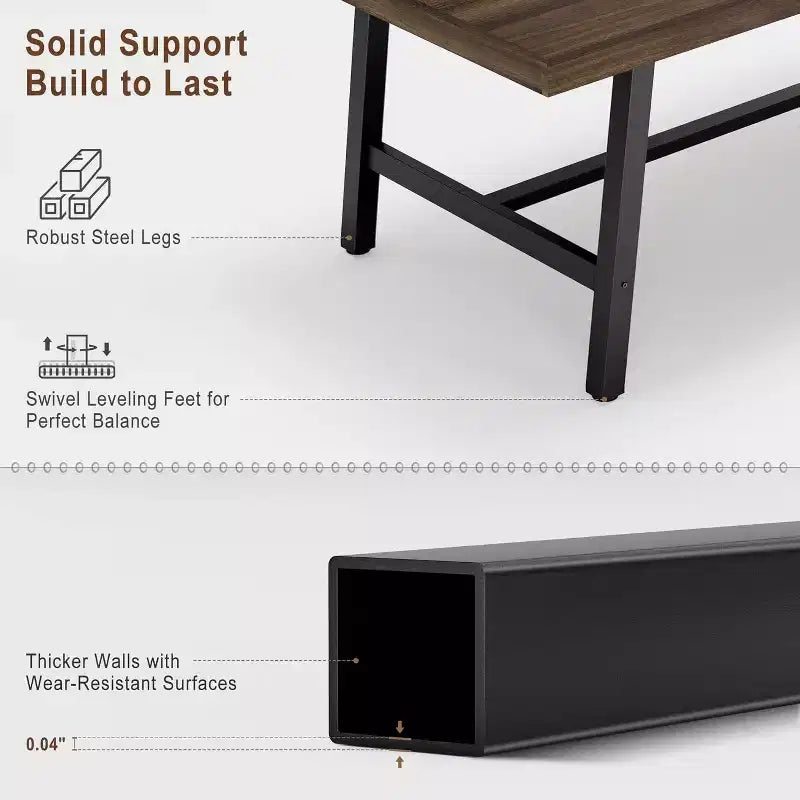Rustic Wood Dining Table for 6-8 People, Black Metal Legs, Industrial Rectangle, 70.87"