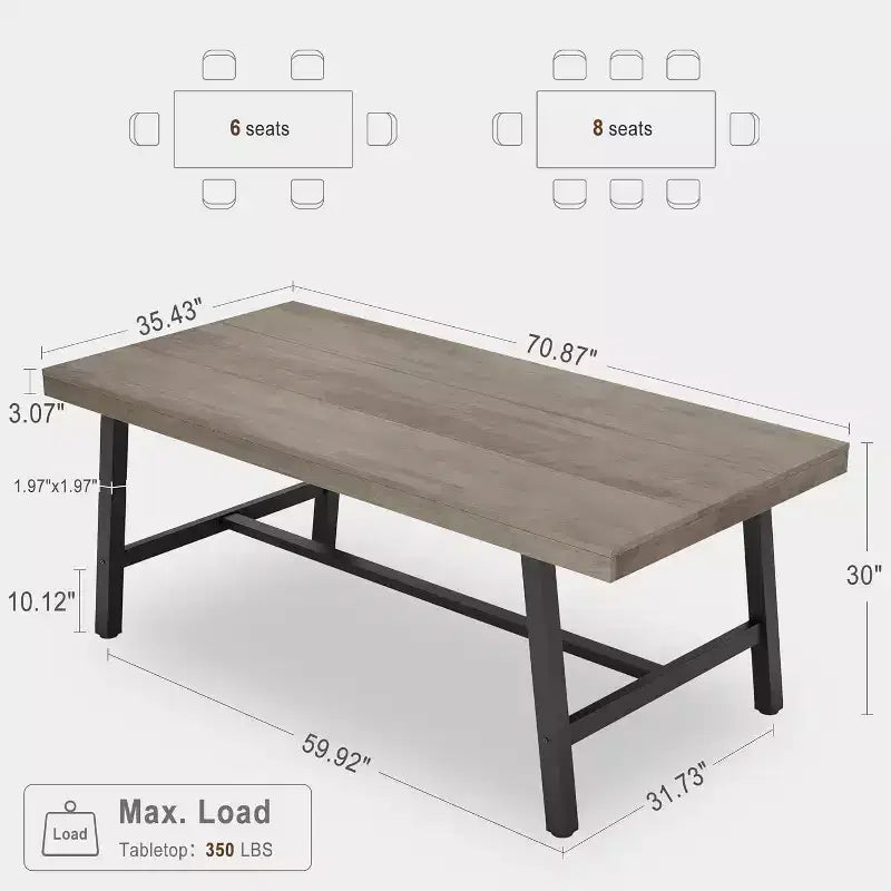 Rustic Wood Dining Table for 6-8 People, Black Metal Legs, Industrial Rectangle, 70.87"