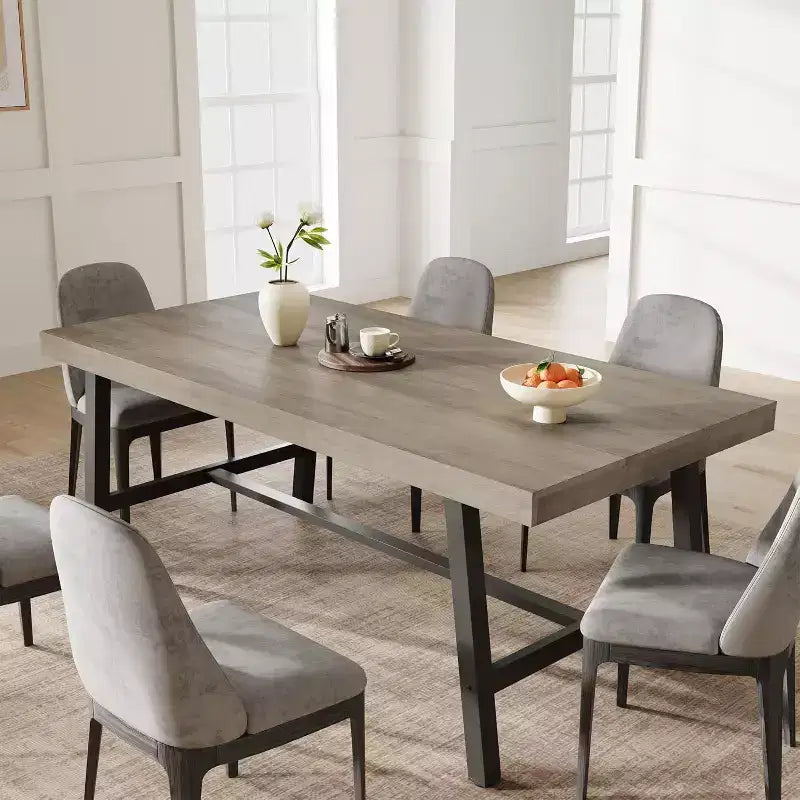Rustic Wood Dining Table for 6-8 People, Black Metal Legs, Industrial Rectangle, 70.87"