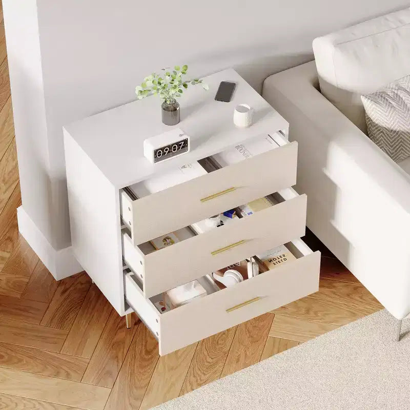 Modern White Nightstand, 3-Drawer Wooden Bedside Table for Bedroom or Living Room
