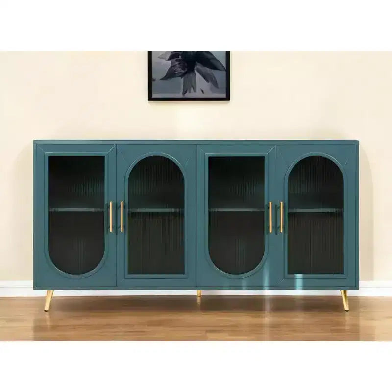 60" Teal Blue Ribbed Texture Sideboard with Four Doors