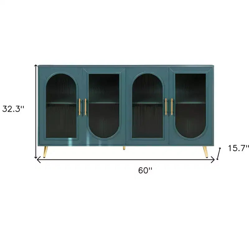 60" Teal Blue Ribbed Texture Sideboard with Four Doors