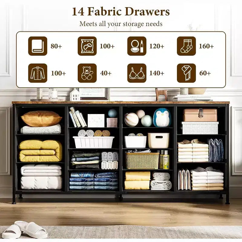 63" Extra-Wide TV Stand Dresser with 14 Fabric Drawers & Built-in Power/USB, for 65-75" TVs