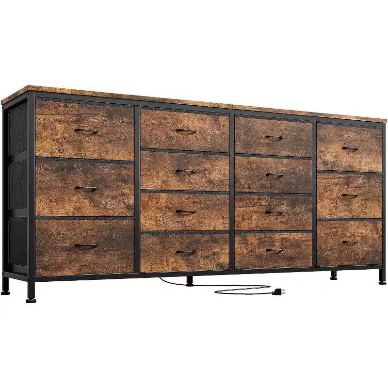 63" Extra-Wide TV Stand Dresser with 14 Fabric Drawers & Built-in Power/USB, for 65-75" TVs