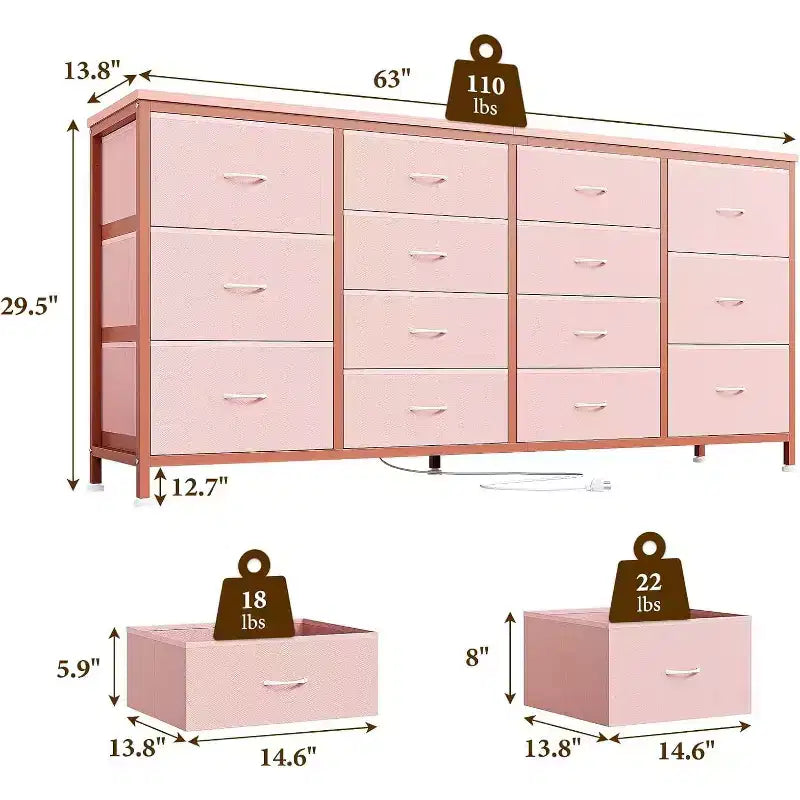 63" Extra-Wide TV Stand Dresser with 14 Fabric Drawers & Built-in Power/USB, for 65-75" TVs