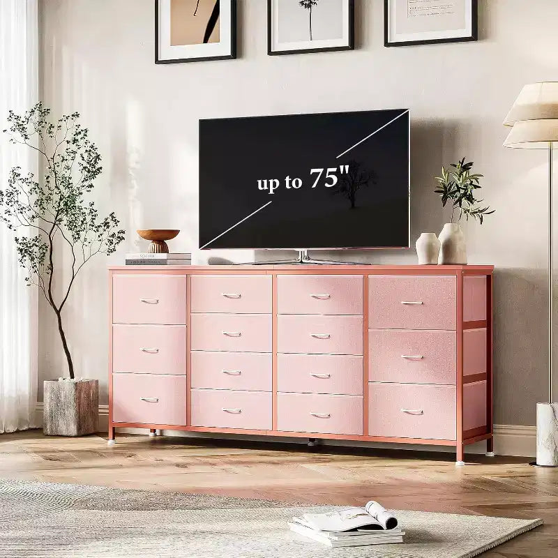 63" Extra-Wide TV Stand Dresser with 14 Fabric Drawers & Built-in Power/USB, for 65-75" TVs